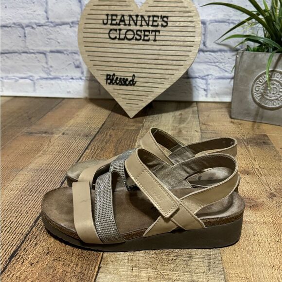 Naot Krista Wedge Strappy Sandal Satin Gold Leather/Beige with Silver Rivets 8 - Picture 5 of 11